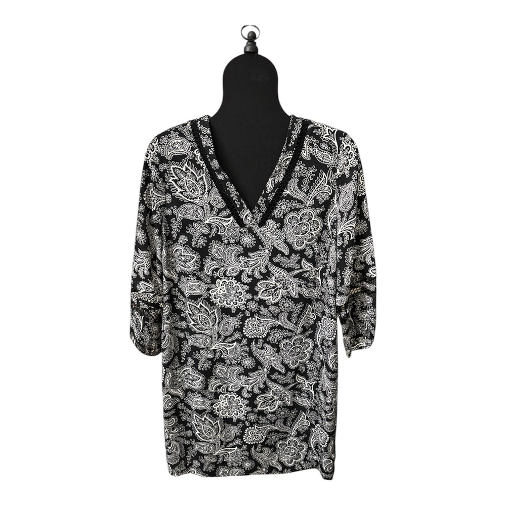 Banana Republic Black/White V Neck 3/4 Sleeves Printed‎ Shift Dress Size 6